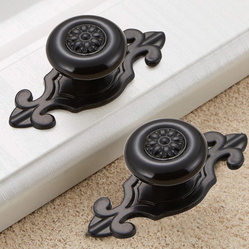 HUAMULAN 10 Pack Retro Ceramic Knobs,Vintage Dresser Kitchen Petal Cabinet Pulls Zinc Alloy Base Back Plate Cupboard Wardrobe Drawer Door Handles,Black Base - Image 2